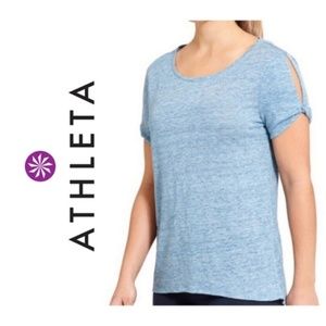 Athleta Zephyr Linen Cold Shoulder Tee Sky Blue
